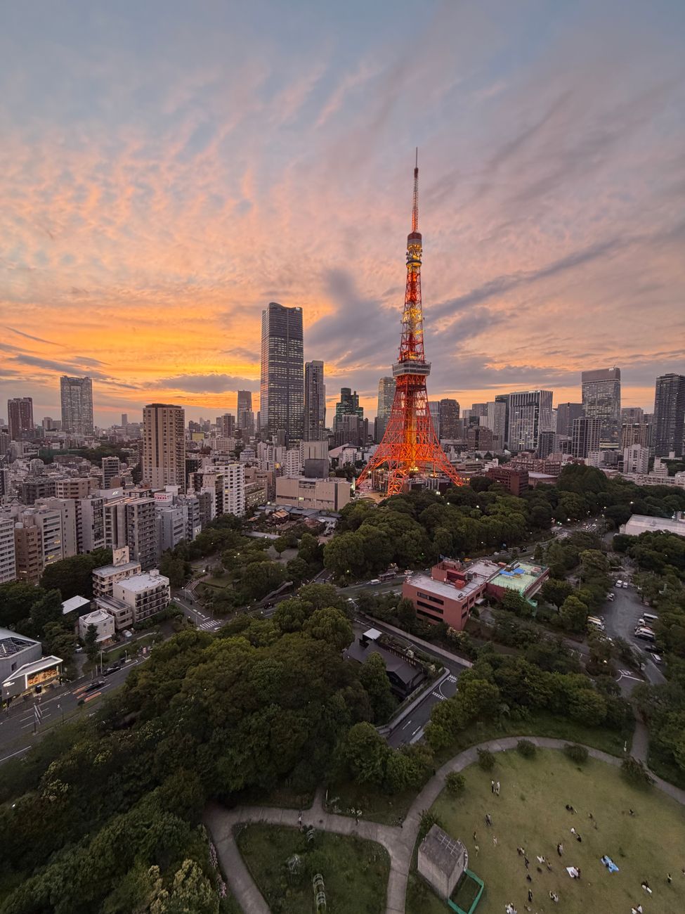 sunset view over tokyo tower and cityscape